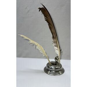 Vintage Stieff Pewter Inkwell Williamsburg With Feathers